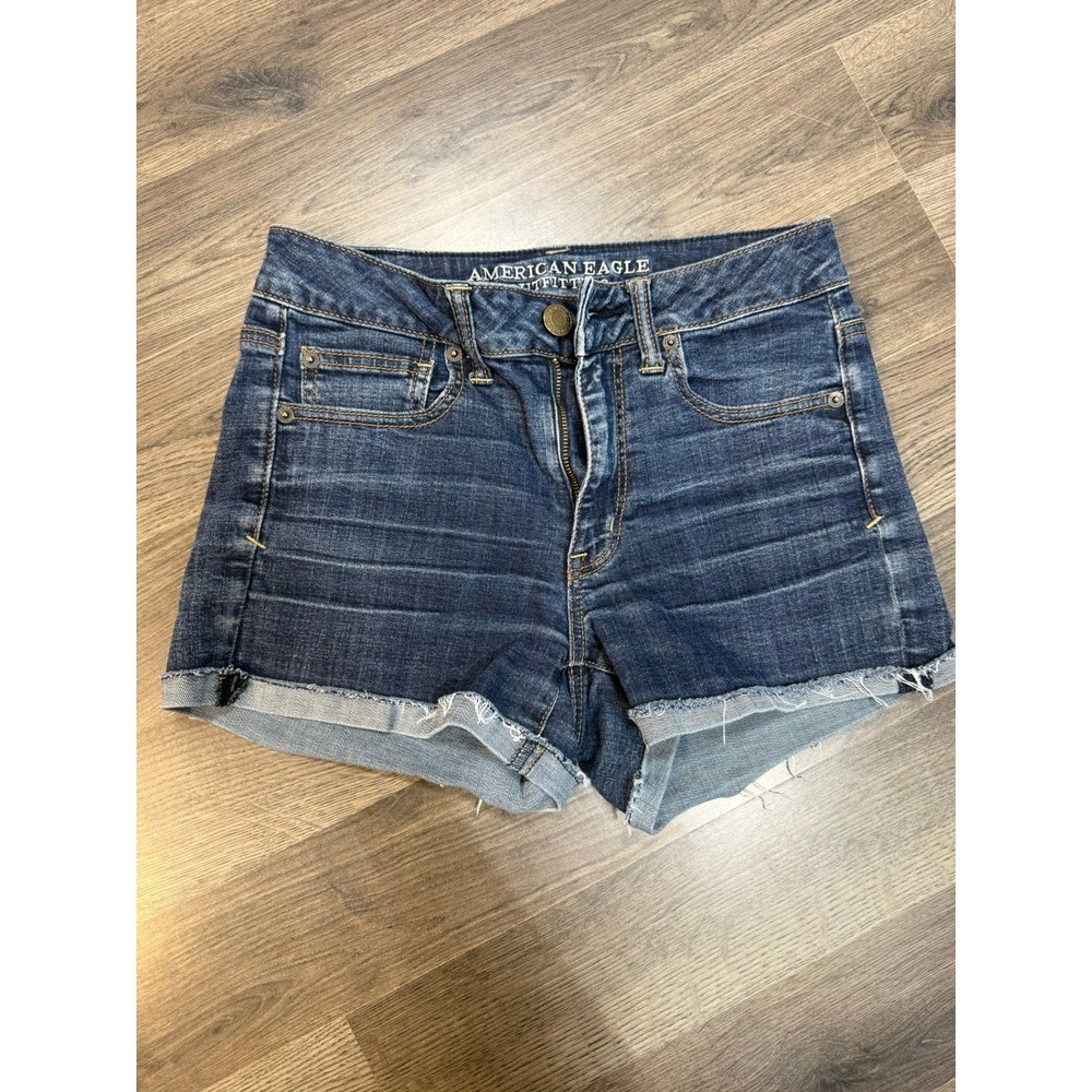 American Eagle Super Stretch Dark Wash Raw Hem Denim Jean Shorts Women 6